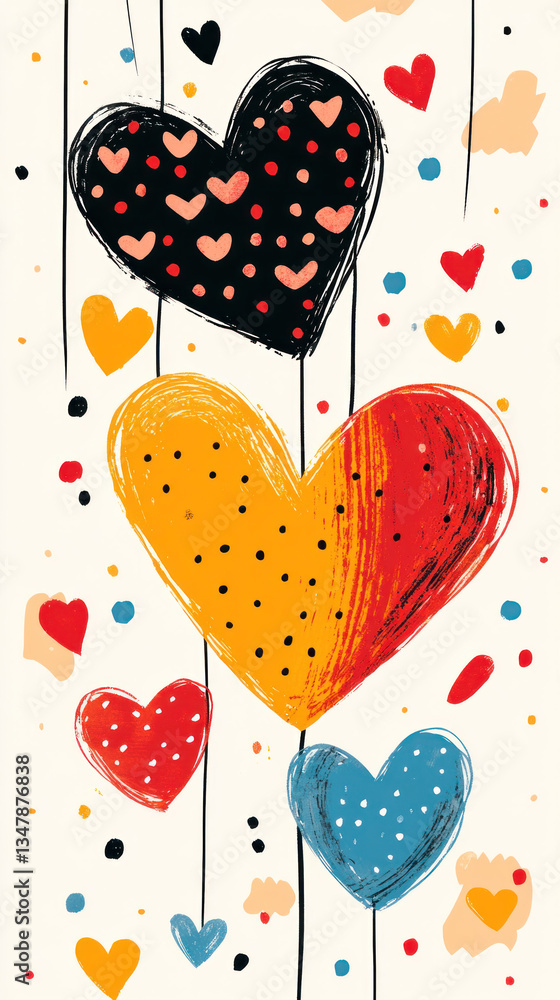 Poster a colorful drawing of hearts hanging from a string. the hearts are of different colors and sizes, an