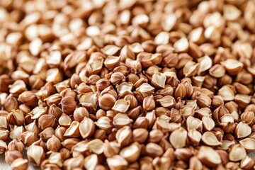 A macro shot displaying a pile of raw buckwheat groats