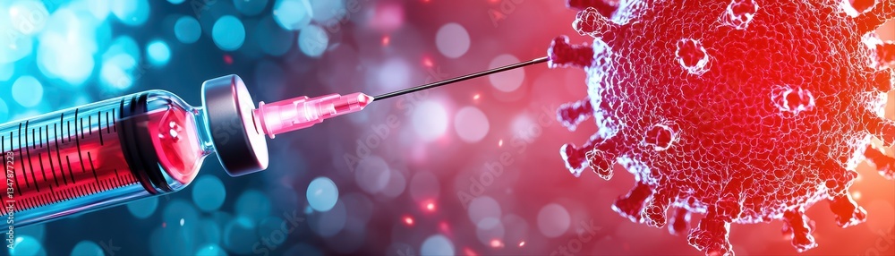 Poster conceptual illustration of vaccine injection using syringe with glowing virus in background