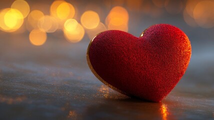 Fototapeta premium Red Heart Shaped Ornament On Dark Surface With Lights