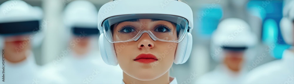 Poster engaged learner in virtual reality experience with group of students in innovative learning environm