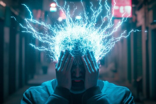 Hidden fear. Anxiety attack. Metaphorical being electrocuted emotions of fear and despair. Fear of sleeping. Being electrocuted - nightmares, bad dreams: abstract image of physical state.