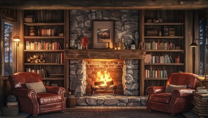 Cozy Cabin Fireplace: A Winter Evening's Reading Nook