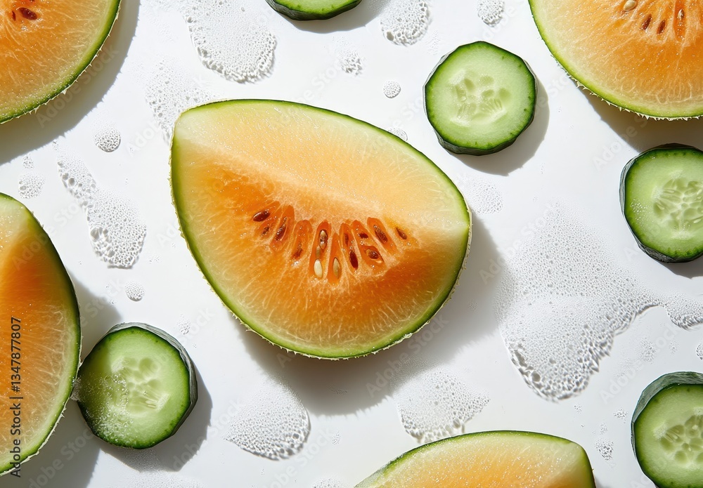 Poster freshly cut melon and cucumber slices on white background with water droplets creating a refreshing 