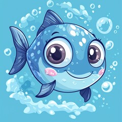 Fototapeta premium Cute kawaii-style cartoon tuna with big eyes and a playful expression, surrounded by tiny bubbles and ocean waves, fun and cheerful vibe