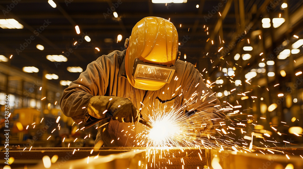 Poster industrial welder working with torch in a factory setting