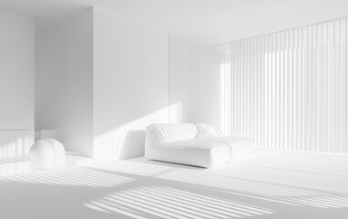 Modern white living room interior, minimalist design, sunlit, shadows