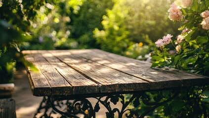 Rustic Wooden Garden Table in a Sunlit Garden