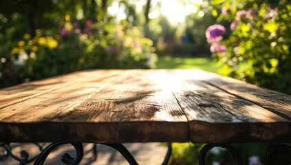 Rustic Wooden Table in a Sunny Garden