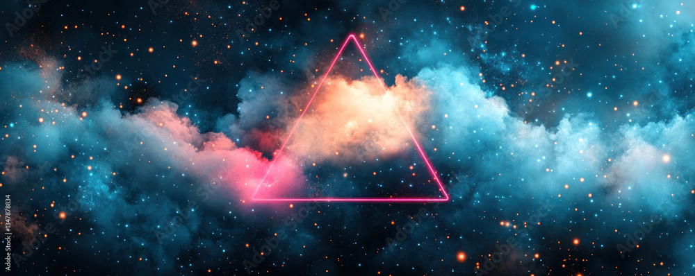 Poster a colorful cloud with a red triangle in the middle. the triangle is surrounded by stars and the sky 