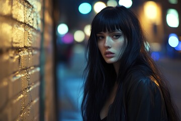 Night Portrait of a Woman with Black Hair in City