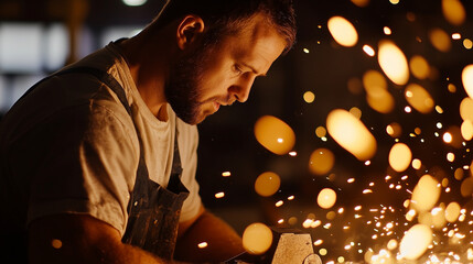 Skilled Worker Using Angle Grinder in Gritty Workshop Setting