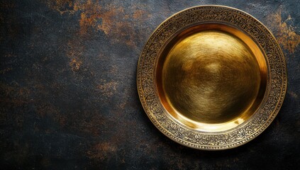Ornate Golden Plate on Rustic Background: A Culinary Still Life