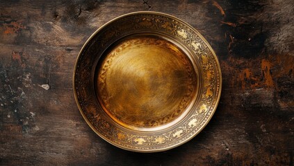 Antique Brass Plate on Rustic Wooden Table