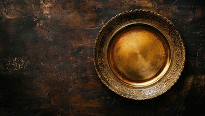 Ornate Antique Brass Plate on Dark Wooden Background