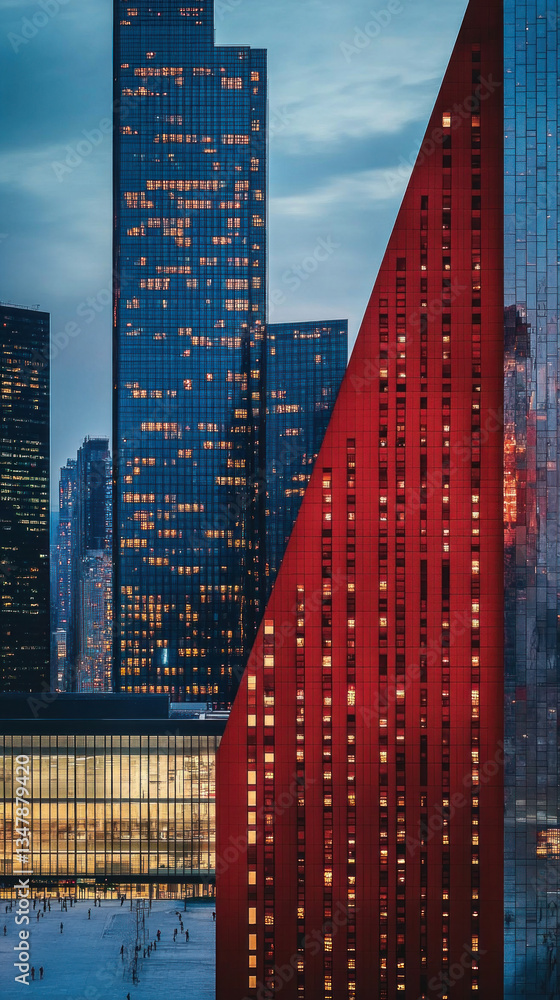 Poster a tall red building with many windows and lights shining on it. the building is in a city with many 