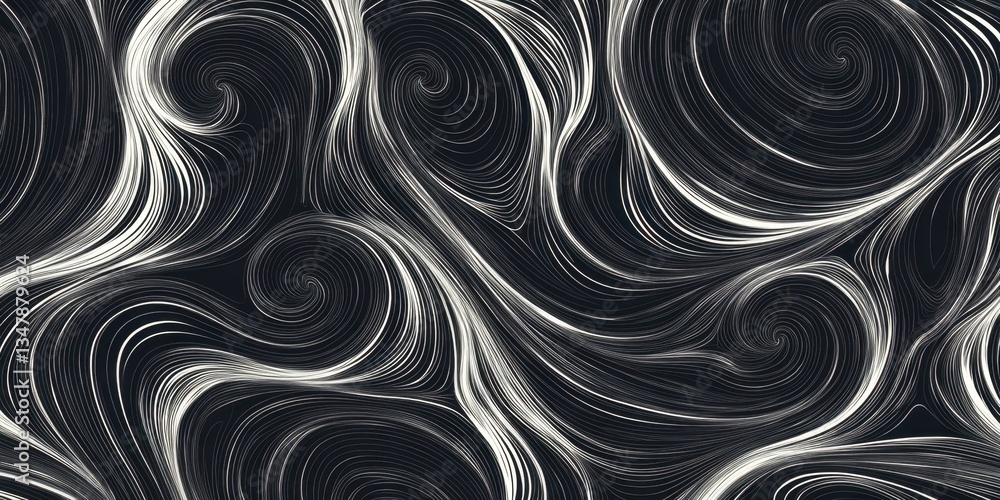 Poster pattern of white swirls on a black background flat design, simple line art generative ai