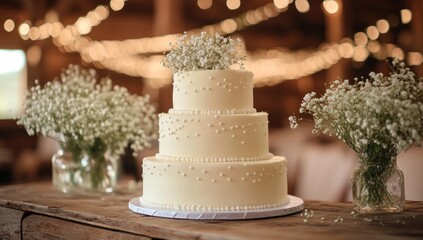 Elegant Three-Tiered Wedding Cake with Baby's Breath