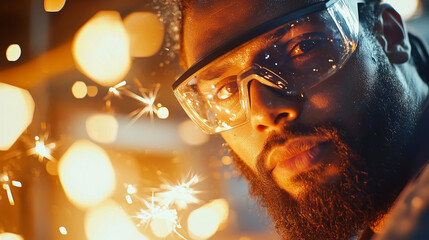 Factory Worker Grinding Metal Sparks in Dim Lighting