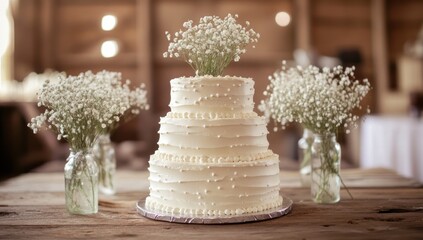 Elegant Three-Tiered Wedding Cake Adorned with Baby's Breath