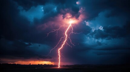 Dramatic lightning strike against a stormy sky.  A vibrant, powerful bolt of lightning illuminates a dark, turbulent sky
