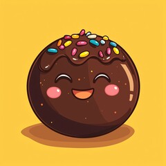 Fototapeta premium Cute kawaii-style cartoon chocolate truffle character with a happy face, playful sprinkles on top, adorable and fun dessert illustration