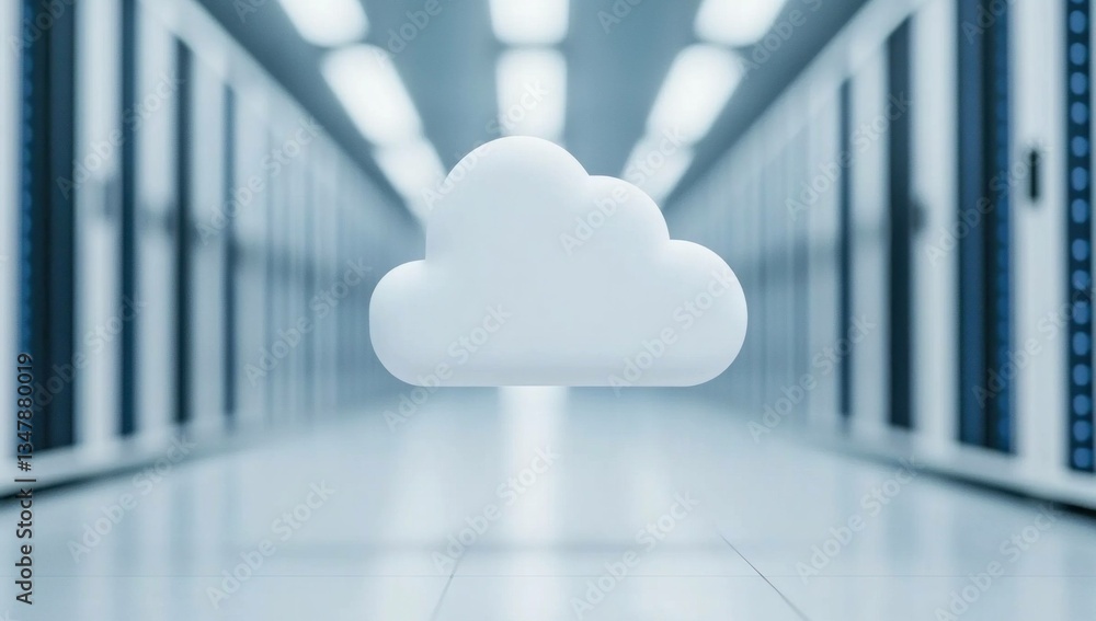 Poster floating cloud symbol over a modern data center, representing cloud computing technology and digital