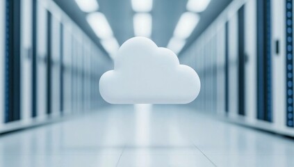 Floating cloud symbol over a modern data center, representing cloud computing technology and digital storage solutions
