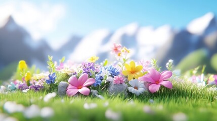 Obraz premium Colorful flowers in a meadow at the foot of mountains