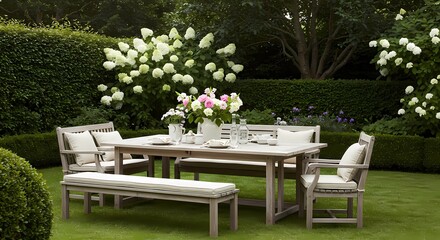 Elegant Outdoor Dining Oasis: Wooden Table and Bench Set Surrounded by Lush Greenery and Blooming Hydrangeas in Serene