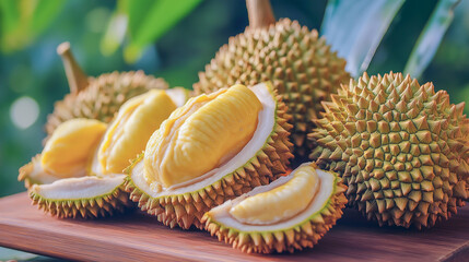 Fresh durian fruit displayed on a wooden board in a tropical setting with green foliage in the background