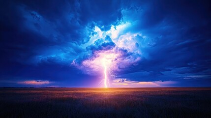 Fototapeta premium Dramatic lightning strike over a vast field at dusk