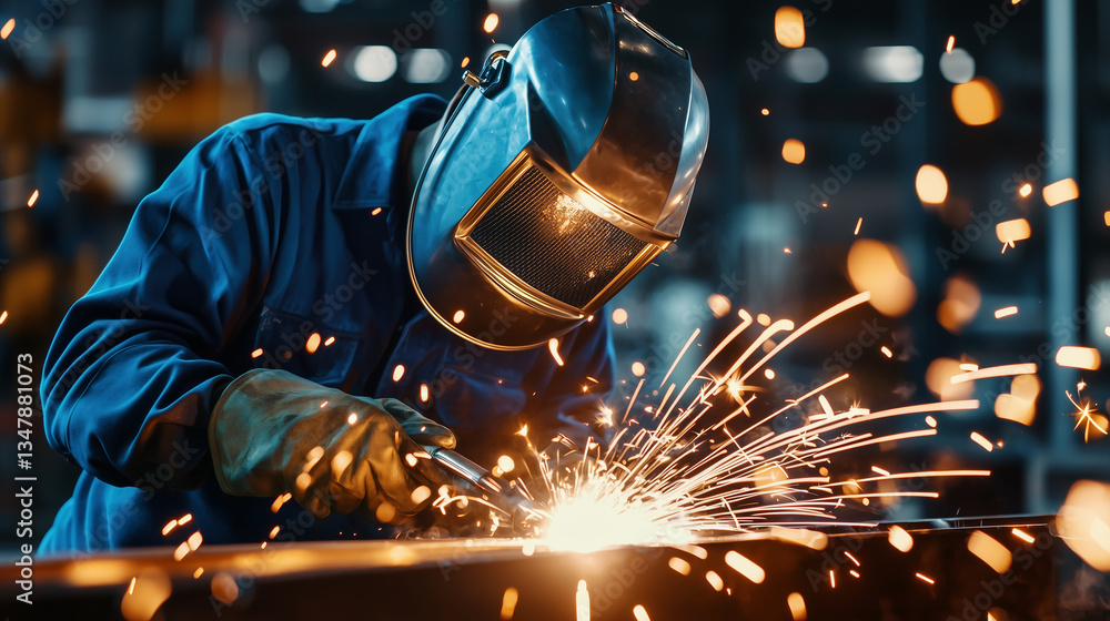 Poster professional welder working intensely in factory environment