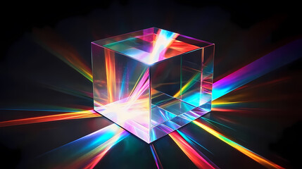 Transparent Cube Emitting Colorful Light on Black Background