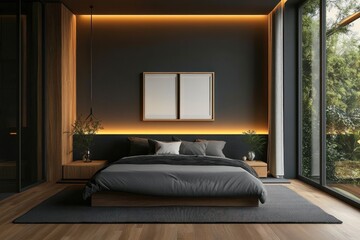 A modern bedroom design with dark walls and large window