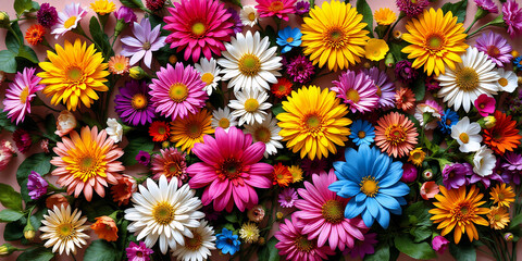 Fototapeta premium A vibrant assortment of colorful flowers, including daisies and gerberas, creates a cheerful and bright floral arrangement.