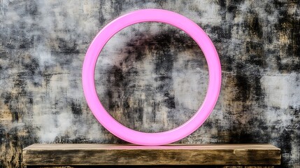 A pink illuminated circular object sits above wooden surface