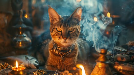 Mystical animal focused image of a regal Egyptian cat its golden eyes glowing as it sits gracefully on a temple altar surrounded by votive offerings of fish jewelry and incense