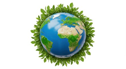 A vibrant Earth surrounded by lush green leaves, symbolizing nature and environmental awareness. This imagery promotes sustainability and harmony with our planet.