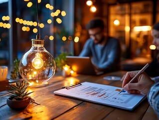 Startup team analyzing business projections on clipboard, strategic growth planning is the focus of this image, depicting collaborative effort and insightful review of financial data This visual