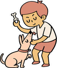 hand drawn illustration of a Child Playing with Dog while Holding a Bone
