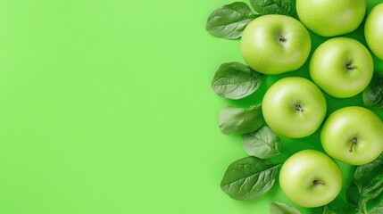 Obraz premium Fresh green apples with leaves on a vibrant green background