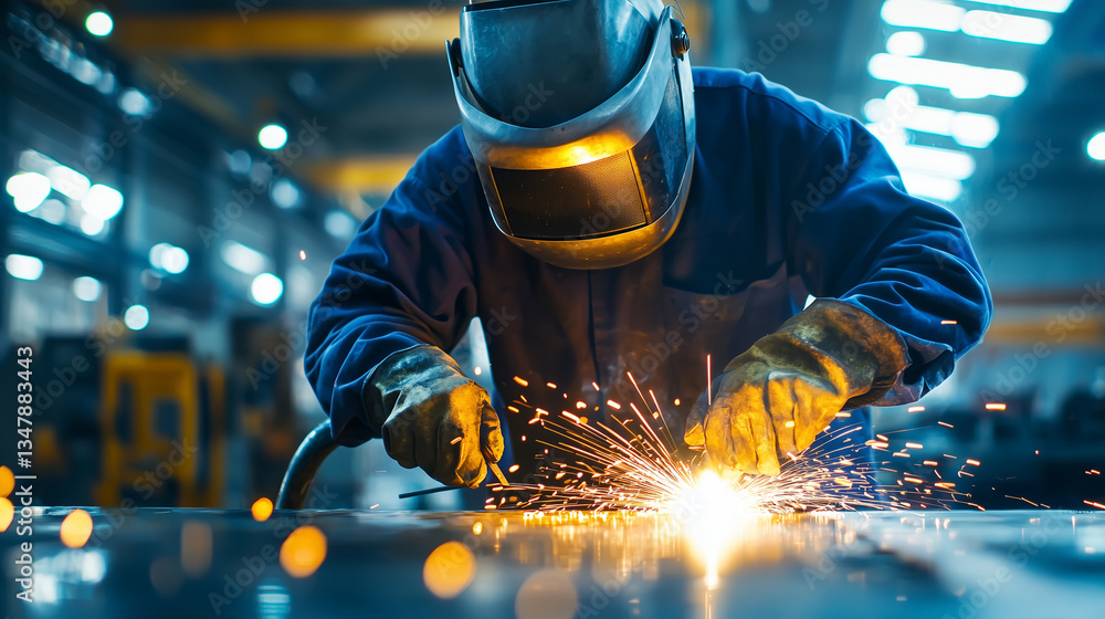 Poster professional welder using torch in factory setting