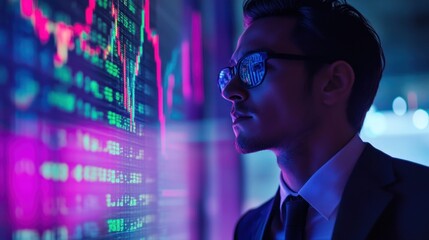 businessman analyzes stock market data on a screen. The image evokes a sense of intensity and focus
