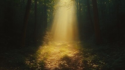 Naklejka premium Mystical Woodland Pathway: Golden Light Illuminating a Dark Forest Path Through the Tall Trees and Verdant Undergrowth