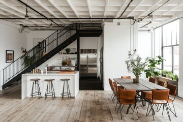 Industrial loft kitchen/dining area with open staircase