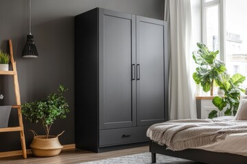A contemporary bedroom scene featuring a large black closet