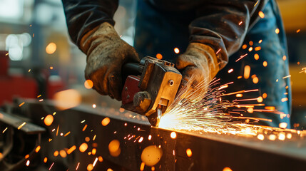 Skilled Worker Using Angle Grinder in Gritty Factory Setting