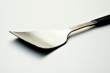 A shiny metal spatula laying on a white surface closeup
