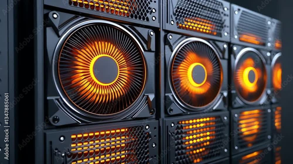 Poster glowing server racks: a close-up of high-performance computing hardware